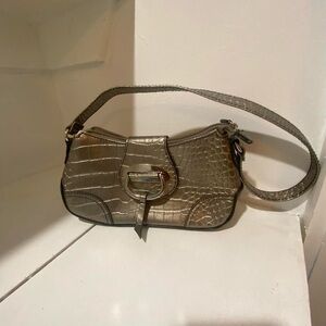 Metallic Silver Faux Crocodile Leather Purse with Zipper